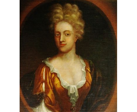 English School, early 18th Century - an oval half length portrait of Francis wife of John Bowlands ? and daughter of Owen P**