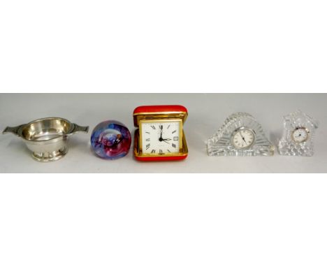 A quantity of miscellaneous items to include: a white metal quaich; two miniature cut class bodied mantel clocks, etc.