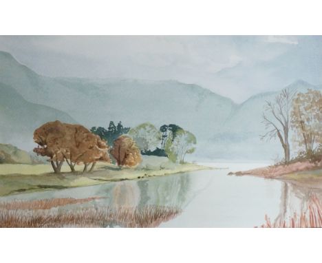 Mark Wilkinson - An autumn lake scene with mountains beyond, watercolour, 33.5cm x 55.5cm, framed