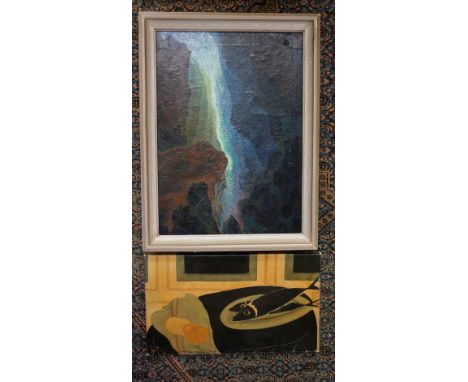 Continental School, mid 20th Century - abstract oil on canvas in blues, greens and browns, back signed Mouopodi BB?, 53cm x 3