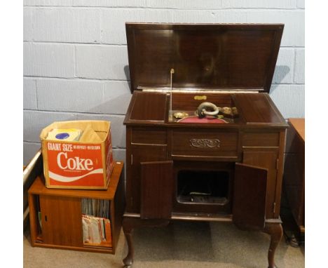 A record player, bearing label 'The Clumber Gramophone', within large cabinet, 90cm high, 82cm wide; together with a large qu