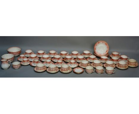 A Royal Doulton extensive tea and coffee service, each piece transfer printed with red floral drapes within a laurel border, 