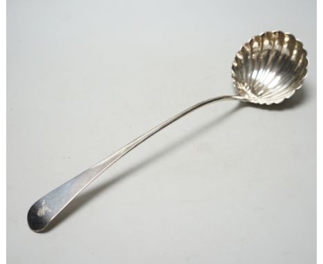 A George III silver Old English pattern soup ladle, with fluted bowl, Smith &amp; Fearn, London, 1789, 34cm, 5.5oz.