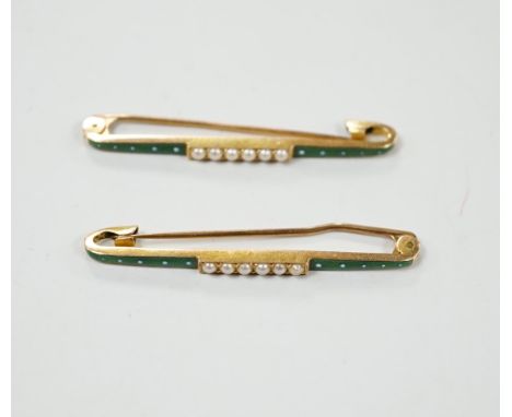 A pair of Edwardian 15ct, seed pearl and two colour enamel set bar brooches, 43mm, gross weight 6 grams.