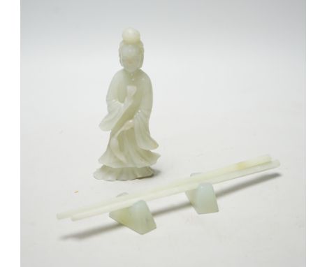 A Chinese pale celadon jade lady and a pair of bowenite jade chopsticks on stand, largest 23cm in length