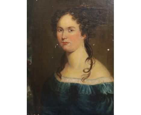 Early / mid 19th century English School, oil on canvas, Head and shoulders portrait of a lady wearing a blue dress, unframed,