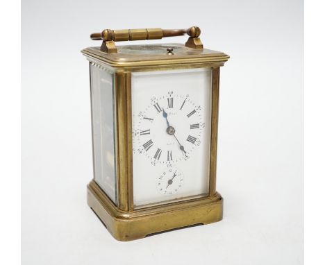 A French brass repeating carriage clock with alarm dial, 13cm