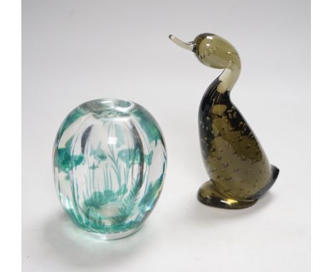 An Orrefors glass vase and similar glass duck, duck 19cm