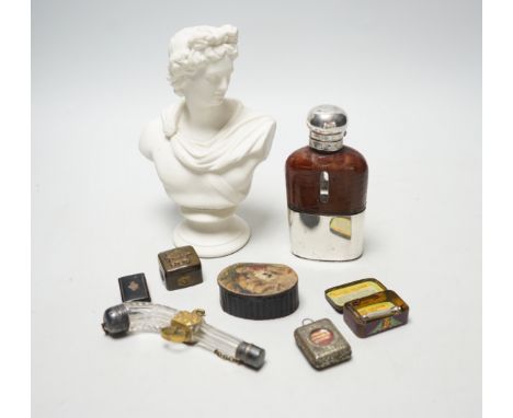 Eight items of objets d'art, including Parian bust, miniature French and English Dictionary in a metal pendant case with buil