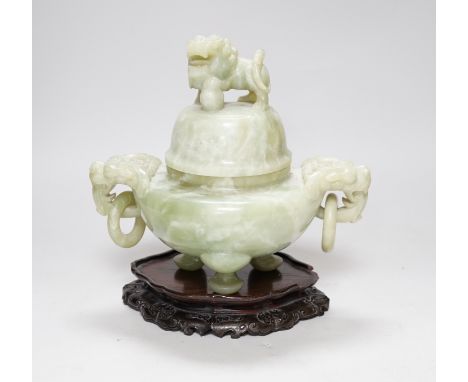 A large Chinese bowenite jade censer and cover on carved hardwood stand, 21cm wide