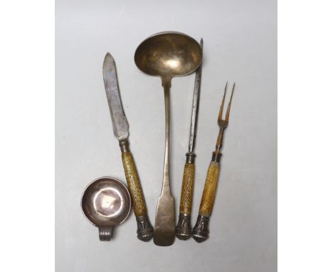 An Irish George III silver fiddle pattern soup ladle, crested, maker probably Isaac Solomon, Dublin 1818, a French silver win