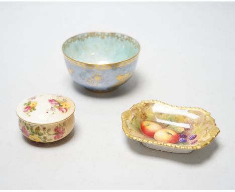 Three pieces of Worcester, a lustre bowl, a lidded bowl with floral decoration and a fruit painted miniature tray, tray 11cm