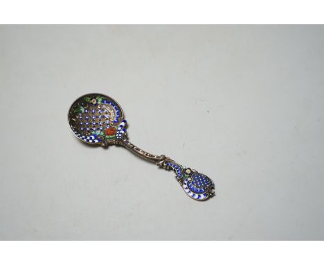 An early 20th century Norwegian 925 and polychrome enamel set sifter spoon, 11.3cm.