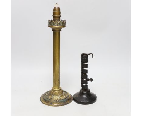 A Palmer &amp; Co. brass lamp and an ejector candlestick, tallest 35cm