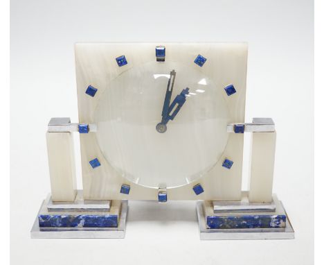 An Art Deco Smiths onyx and lapis lazuli mantel clock, 21.5cm wide
