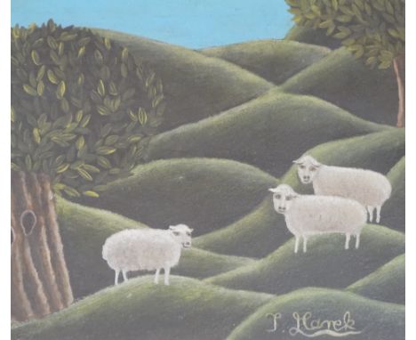 Jerzy Marek (Polish 1925-2014), pair of Folk art mixed media, Cat in an interior and Sheep on a hillside, signed, largest 18 