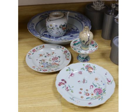 An 18th century Chinese blue and white basin, two plates, and an early 20th century Chinese teapot, footed dish and a vase (6