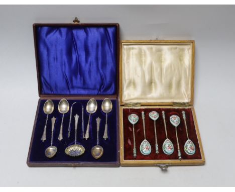 A cased set of six early 20th century Russian 84 zolotnik and cloisonné enamel coffee spoons, 10.6cm and a cased set of six s
