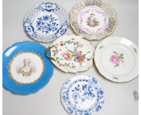 Six Continental plates by Meissen, Dresden, Sevres, etc. including Sevres Comtesse Dubarry portrait, two Meissen plates with 