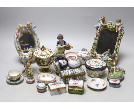 A group of mostly French ceramics including trinket boxes, mirrors etc.