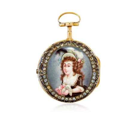  PAIR CASED POCKET WATCH IN GOLD AND ENAMEL, SIGNED COULIN &amp; BRY, 1780S PERIOD Case: two-body in gold; gold outer case, s