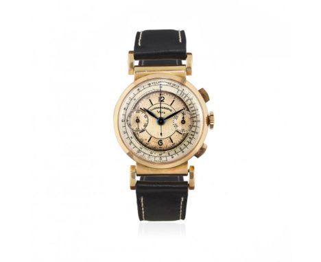 VETTA CHRONOGRAPH IN GOLD, 40S Case: hallmarked, n. 33 2450 4673, 18K gold, hinged lugs and fixed bars, snap on caseback.  Br