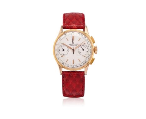  BREITLING CHRONOGRAPH IN ROSE GOLD, 1950S Case: signed, n, 839009, in 18K rose gold, snap on caseback, rectangular pushers. 