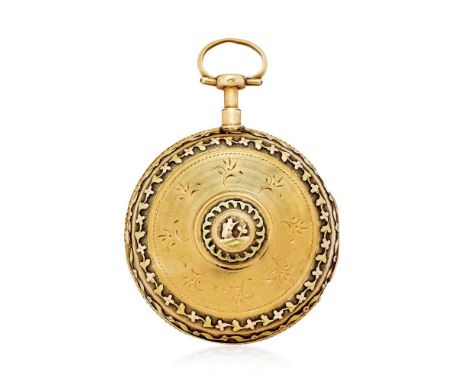  POCKET WATCH IN GOLD, 1800S PERIOD Case: two body in gold, leaf applications, circular engraving on back with small medallio