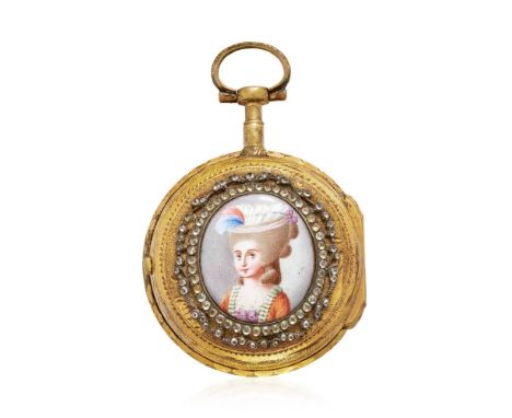  POCKET WATCH WITH ENAMEL, SIGNED VAUCHER, 1780S PERIOD Casa: two body in gilded metal, engraving on edges, bezel sets with p