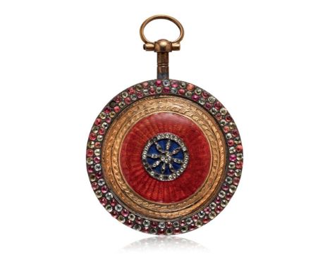  GOLD AND ENAMEL WATCH, PERIOD 1800 Case: in gold, chiseled with leaf motifs, surrounded by a double row of two-tone set ston