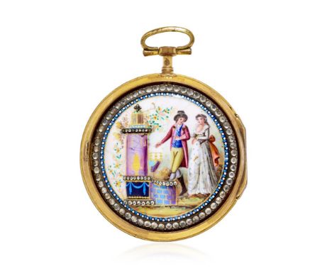  POCKET WATCH WITH ENAMEL, SIGNED ROBIN, 1800S PERIOD Case: two-body gilded metal, engraved band and bezels set with paste st