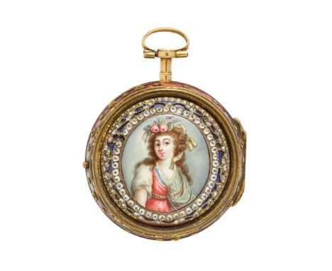  TRIPLE-CASED POCKET WATCH IN GOLD AND ENAMEL, SIGNED ESQUIVILLON &amp; DECHOUDENS, 1780S PERIOD Case: two-body in gold; gold