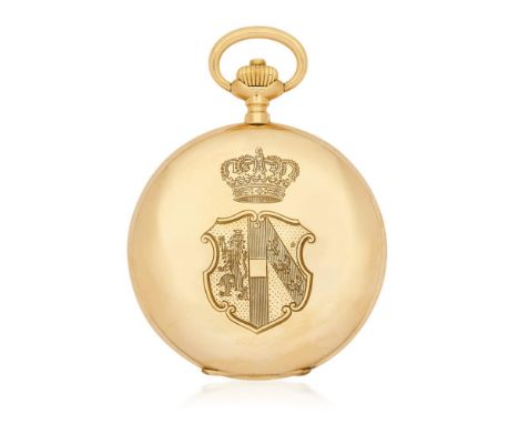  IWC HUNTER CASE IN GOLD, PERIOD 1910 Case: signed, n. 491173, four-body in 14K gold, metal dome, lid engraved with heraldic 