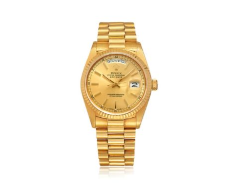  ROLEX DAY-DATE REF. 18038 IN GOLD, 1985 CIRCA ATTRACTIVE AND NEVER POLISHED, AN ICON OF STYLE AND GLAMOUR  Case: signed, n. 
