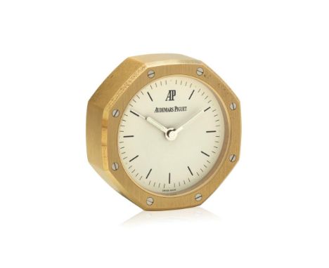  AUDEMARS PIGUET ROYAL OAK DESK CLOCK, 90S Case: signed, gilded brass.  Dial: signed, white, printed indexes, alarm hand.  Mo