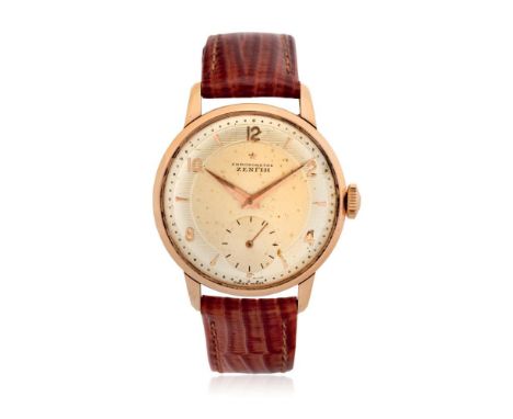  ZENITH CHRONOMETRE CALIBER 135 IN ROSE GOLD, '50 Case: signed, n. 542285, three-body in 18K pink gold, snap on caseback.  Br