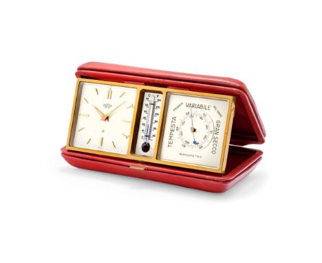  ANGELUS TRAVEL CLOCK AND WEATHER STATION WITH BAROMETER AND THERMOMETER, 1940S Case: wallet-style, golden, signed, red leath