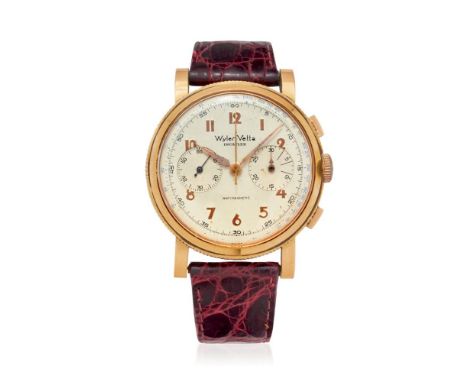  WYLER VETTA INCAFLEX CHRONOGRAPH IN GOLD, 50S Case: signed, n. 5576, in 18K gold, snap on caseback, reeded caseband.  Bracel