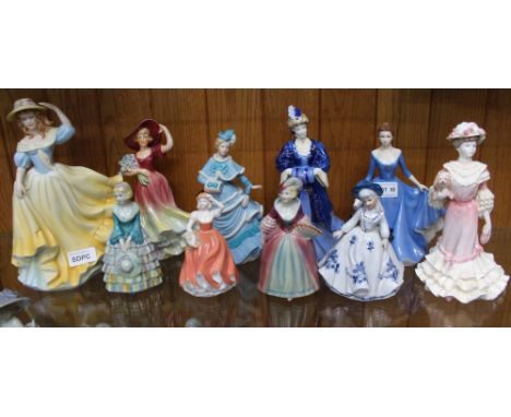 A SHELF FULL OF FEMALE FIGURINES VARIOUS to include Wedgwood &amp; Coalport examples 