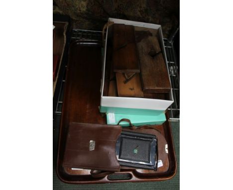 A WOODEN TRAY together with a selection of woodworking tools and a vintage cased camera 
