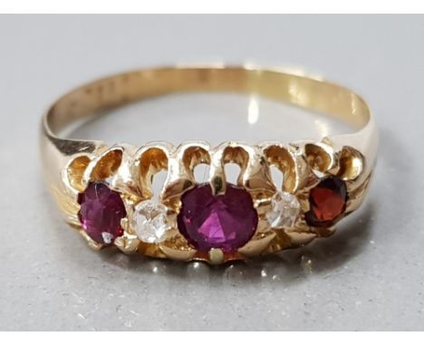 18CT GOLD VICTORIAN 5 STONE RUBY AND DIAMOND RING 2.6G GROSS SIZE- O