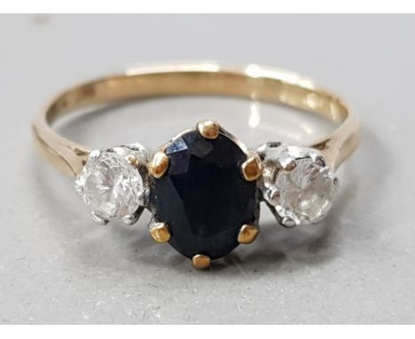 9CT GOLD SAPPHIRE AND CZ 3 STONE RING 2.1 G GROSS SIZE- N