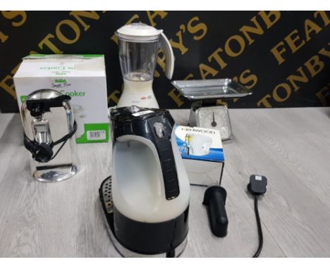 ELECTRIC TIN OPENER, KENWOOD BLENDER, SLOW COOKER, KITCHEN SCALES ETC