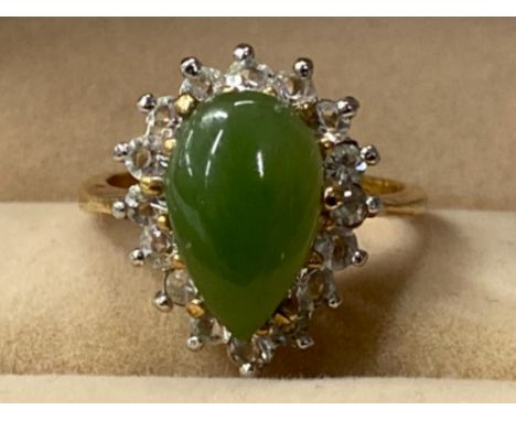 GOLD PLATED JADE AND CZ CLUSTER RING 3.6G GROSS SIZE M