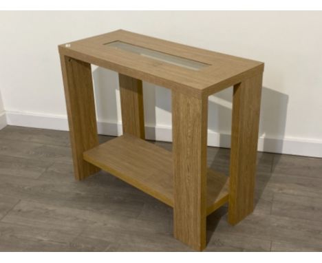 MODERN CONTEMPORARY OAK LAMINATE HALL TABLE WITH GLASS CENTRE PANEL, L90 X D40 X H75