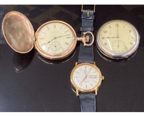 A GOLD PLATED FULL HUNTER POCKET WATCH BY ELGIN NO 7180516 ANOTHER POCKET WATCH WITH MILITARY ARROW NO C-8968 AND A GENTS GOL