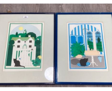 A PAIR OF COLOUR PRINTS AFTER ROGER GREEN CAT BY A GATE AND IN AN ORANGERY FACSIMILE SIGNATURE 42 X 28CM