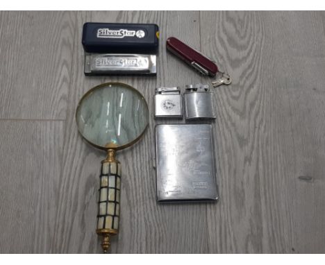 MISCELLANEOUS ITEMS SUCH AS CASED HOHNER SILVERSTAR HARMONICA RONSON LIGHTER MAGNIFYING GLASS WITH MOTHER OF PEARL HANDLE ETC