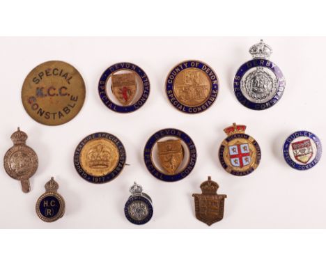 Twelve Special Constabulary Badges, including: City of Edinburgh KC white metal cap badge, with slider fitting,  County of De