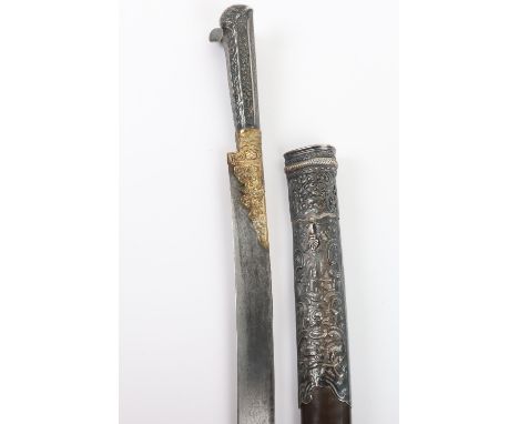 Ottoman Sword Yataghan, recurved single edge blade struck with small makers mark, langets covered with gilt brass foil (a lit